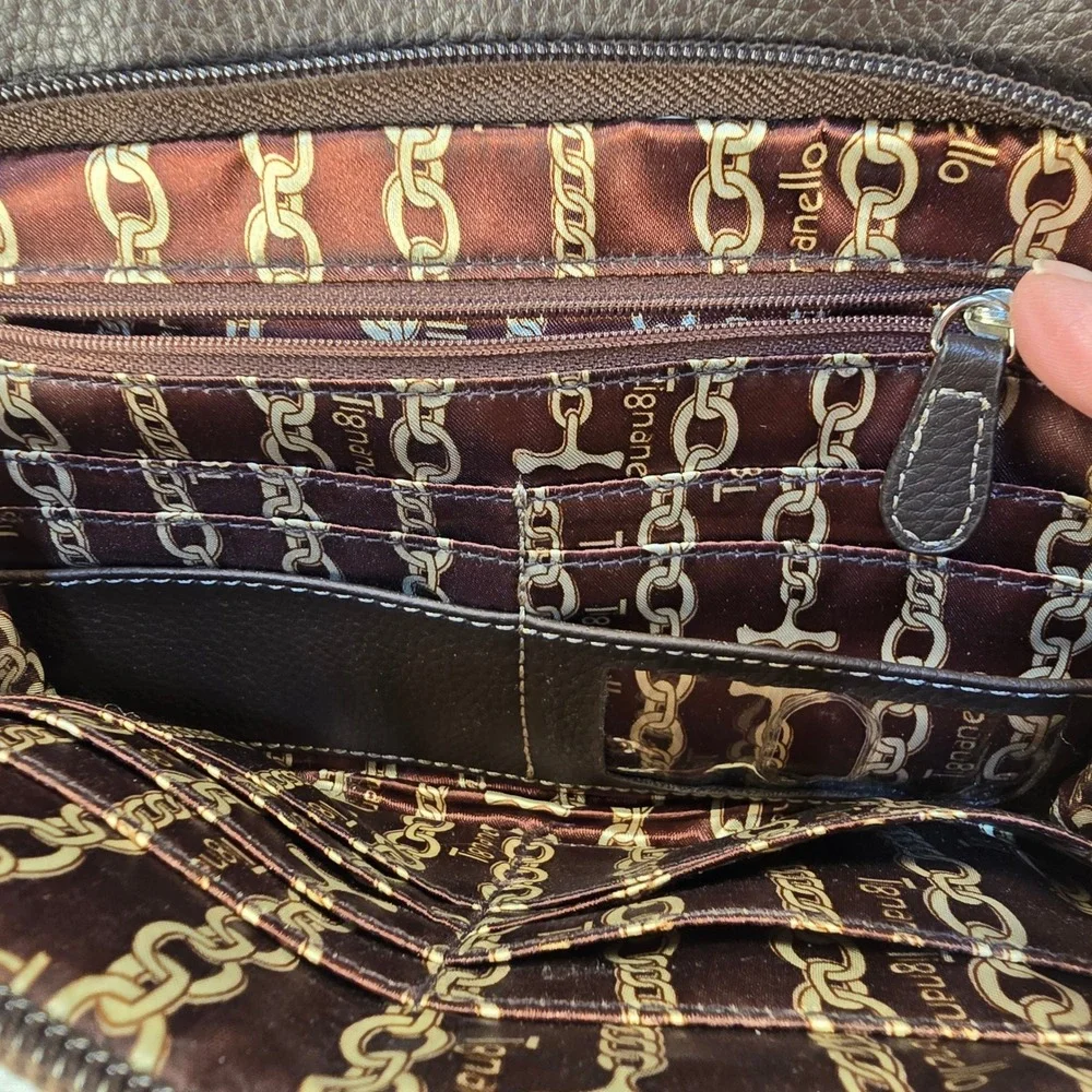 Tignanello Dark Brown Pebbled Leather Crossbody‎ Bag Organizer Contrast Stitch